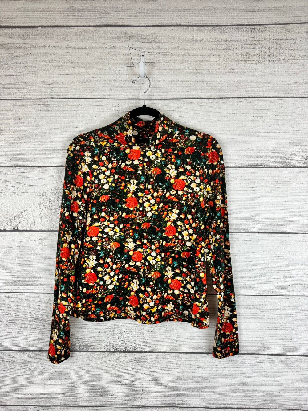 Anthropologie Maeve Women's Black Printed Mock Neck Long Sleeve Top Size Medium